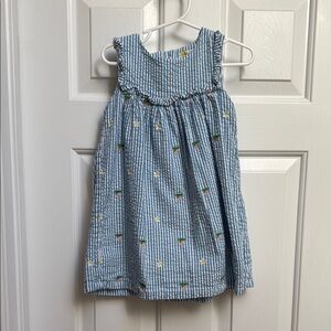 Mini Boden seersucker embroidered dress Blue stripes with flowers size 3-4 yr
